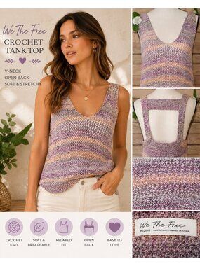 We The Free Crochet Tank Top Medium Purple Lavender Multicolor Open Back